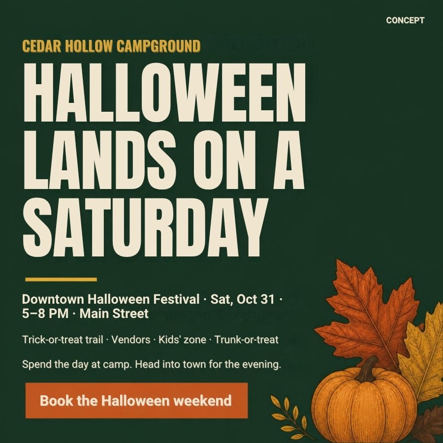 Concept Instagram post: 'Halloween lands on a Saturday', a campground pairing a weekend stay with a downtown Halloween festival.
